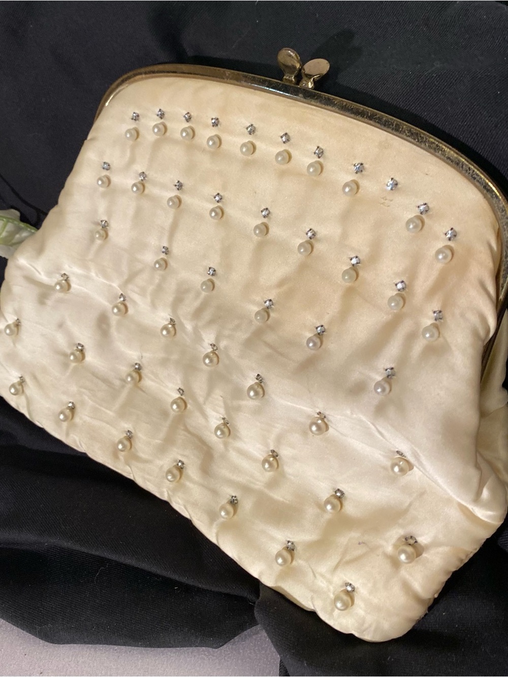 Pearl-Studded Cream Satin Kiss-Lock Clutch